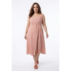 Torrid Dress Womens 1 Orange Gingham Button Front Midi Sundress Lined Summer